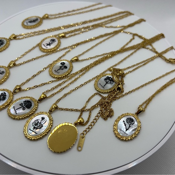 N335 Birth Month Flower Rainbow Mother of Pearl Necklace 18KGold over Stainless - Picture 3 of 6